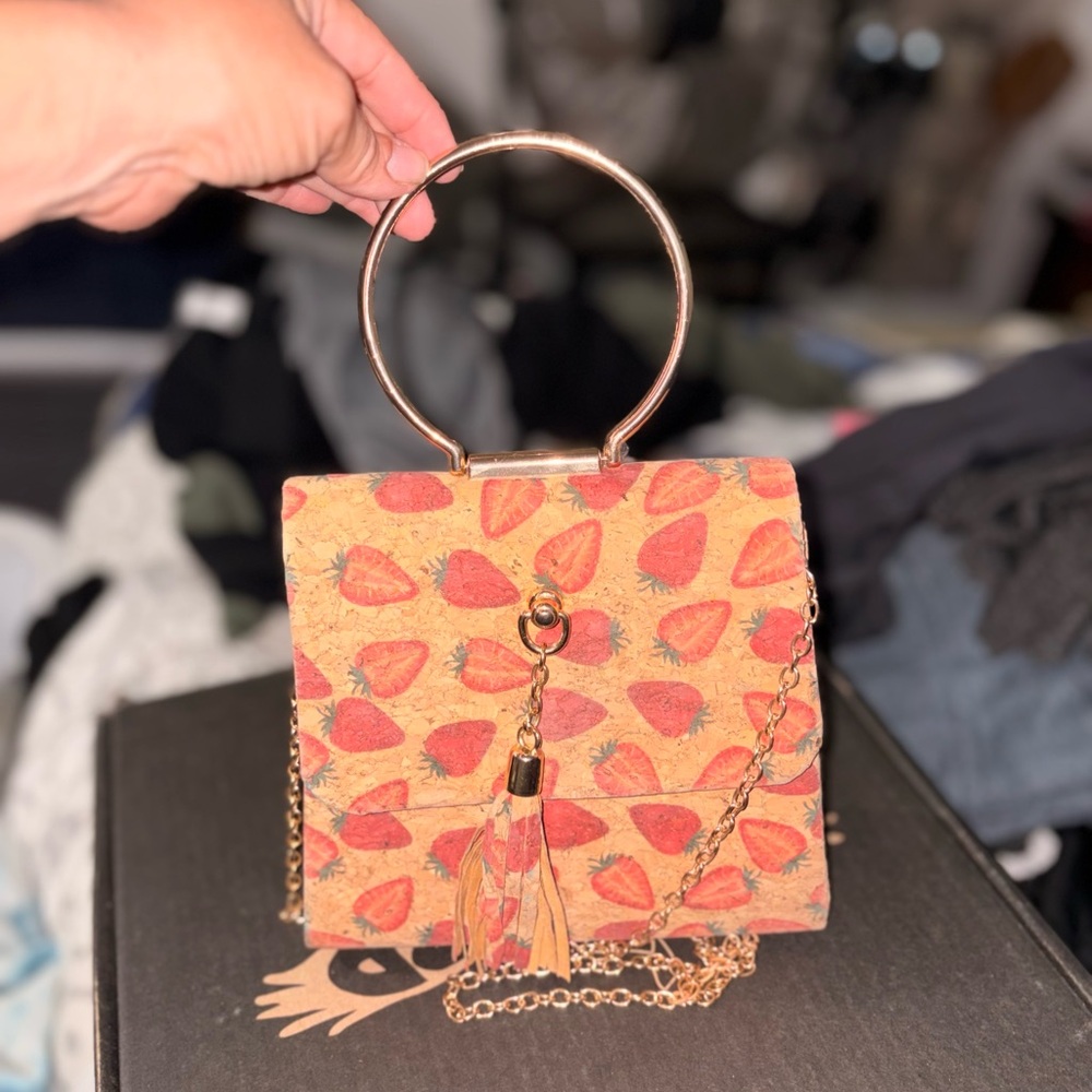 Strawberry Print Yellow Top-Handle Women’s Cork Bag with Gold Ring - Picture 2 of 5